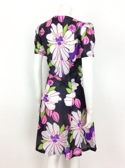 VINTAGE 60S 70S PSYCHEDELIC BLACK GREEN PINK FLORAL EMPIRE DRESS 14