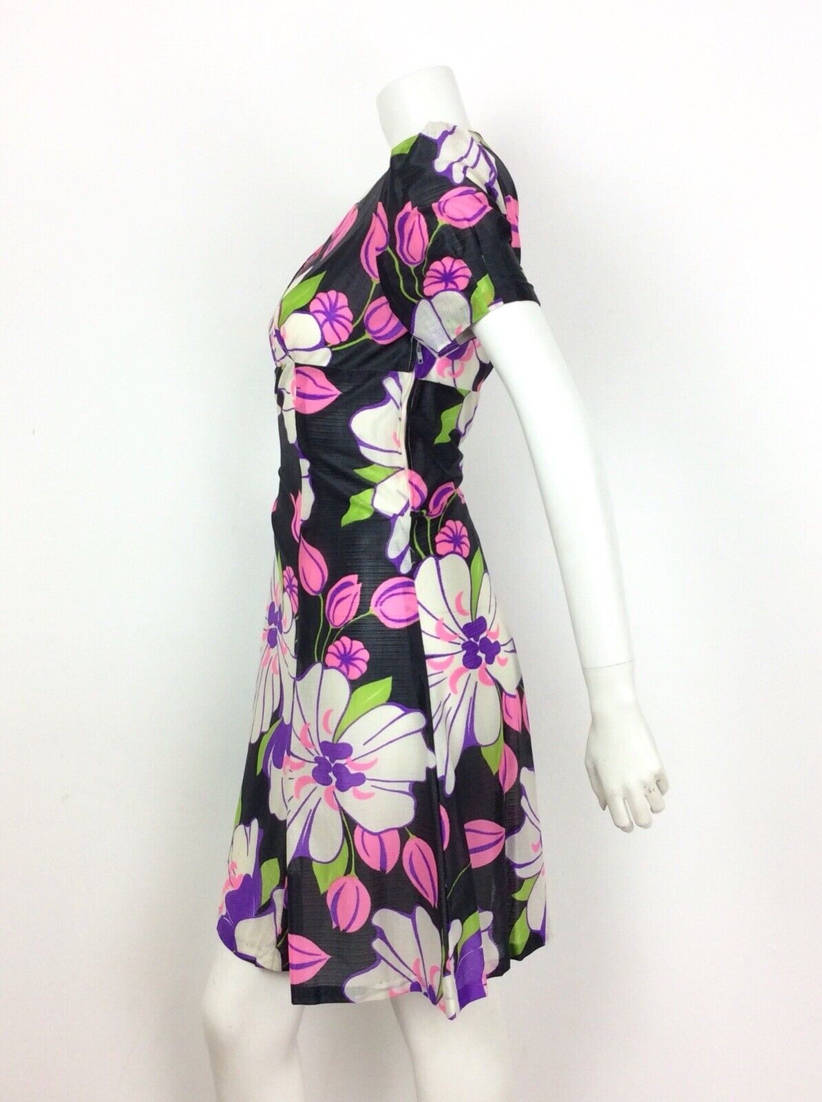 VINTAGE 60S 70S PSYCHEDELIC BLACK GREEN PINK FLORAL EMPIRE DRESS 14