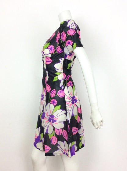 VINTAGE 60S 70S PSYCHEDELIC BLACK GREEN PINK FLORAL EMPIRE DRESS 14