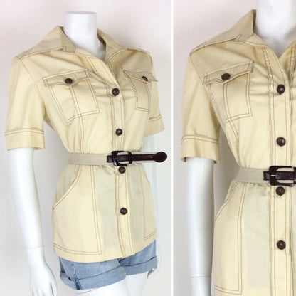 VINTAGE 70s SAFARI SHIRT CREAM KHAKI BEIGE BELTED 14