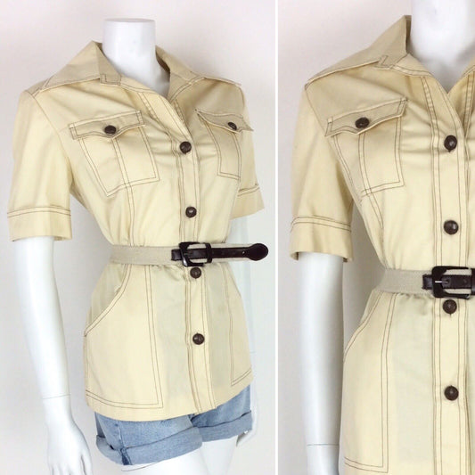 VINTAGE 70s SAFARI SHIRT CREAM KHAKI BEIGE BELTED 14