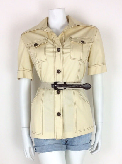 VINTAGE 70s SAFARI SHIRT CREAM KHAKI BEIGE BELTED 14