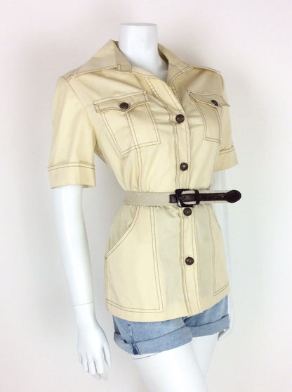 VINTAGE 70s SAFARI SHIRT CREAM KHAKI BEIGE BELTED 14