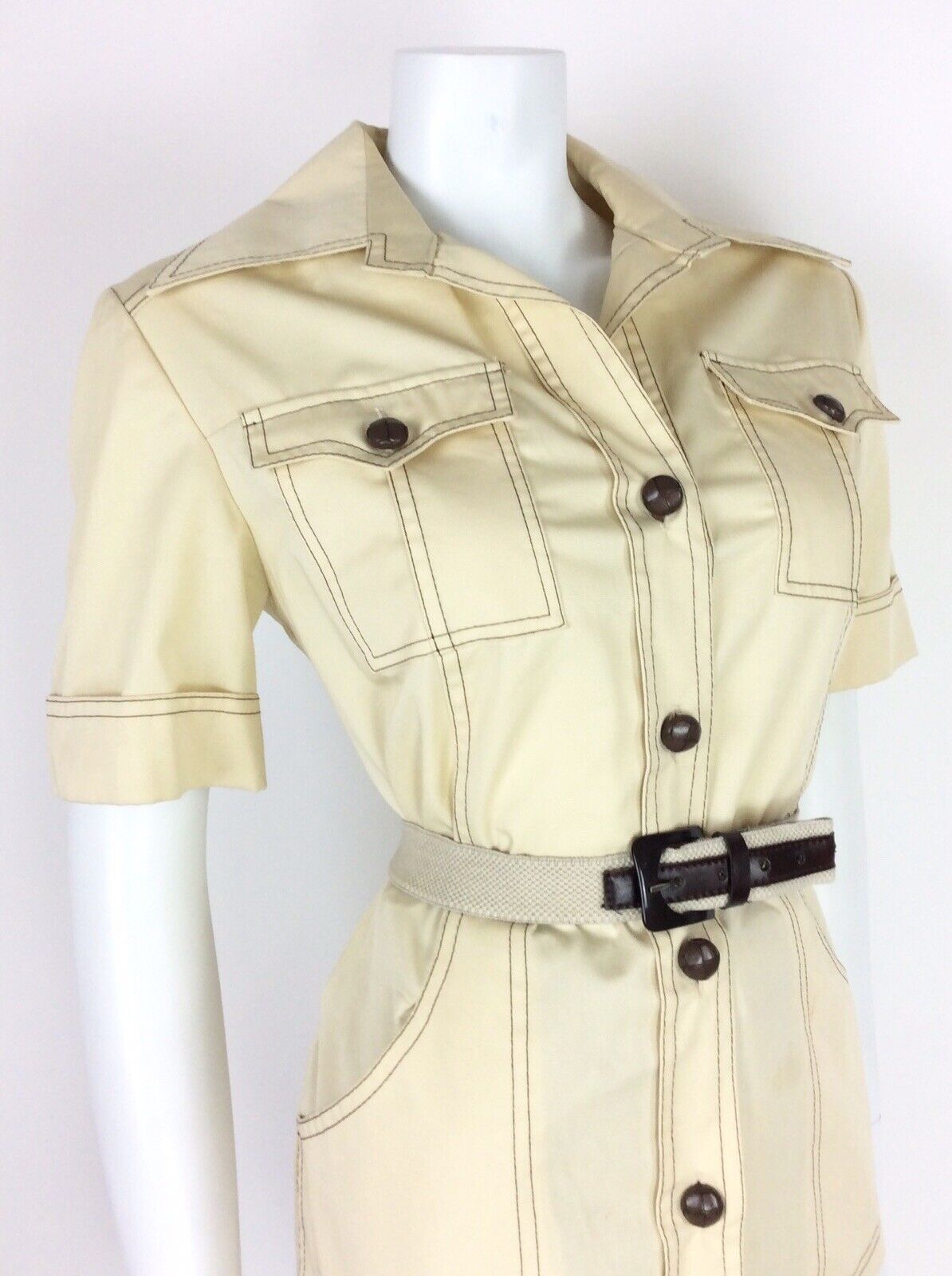 VINTAGE 70s SAFARI SHIRT CREAM KHAKI BEIGE BELTED 14