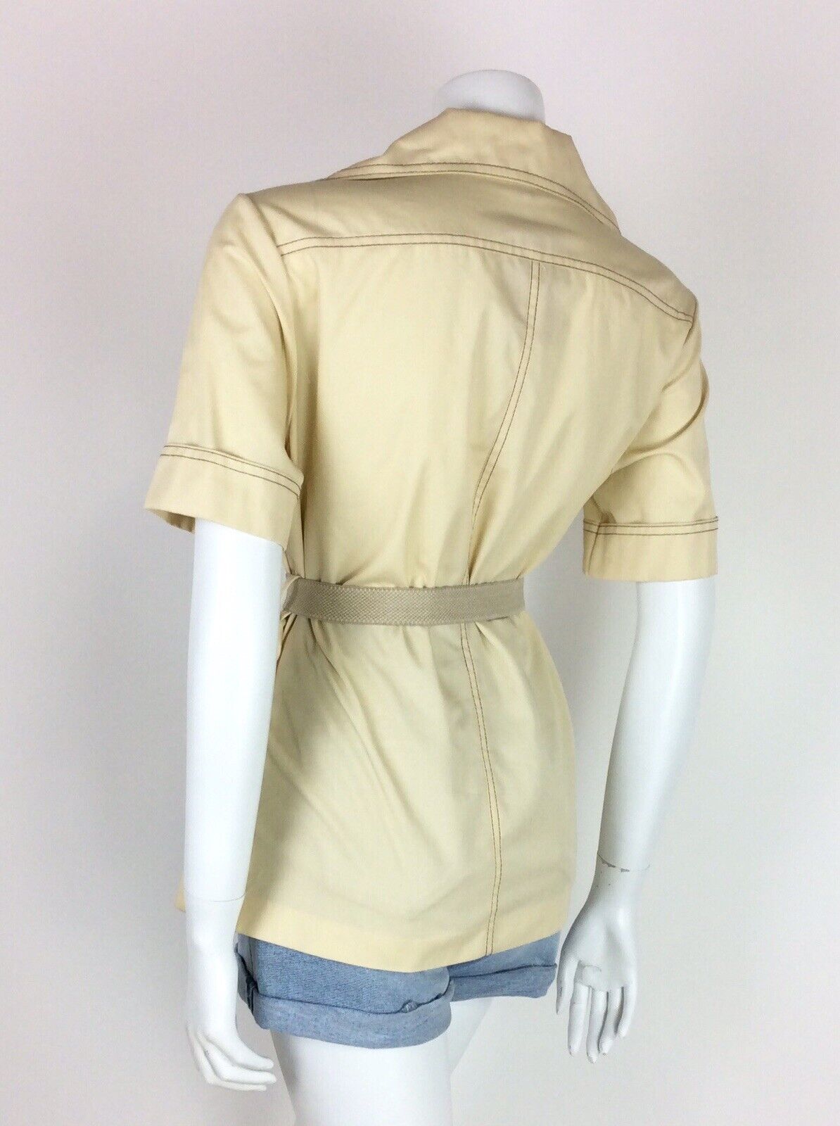 VINTAGE 70s SAFARI SHIRT CREAM KHAKI BEIGE BELTED 14
