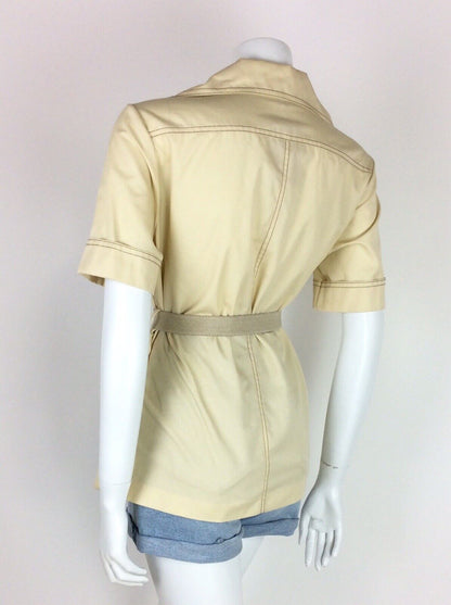 VINTAGE 70s SAFARI SHIRT CREAM KHAKI BEIGE BELTED 14