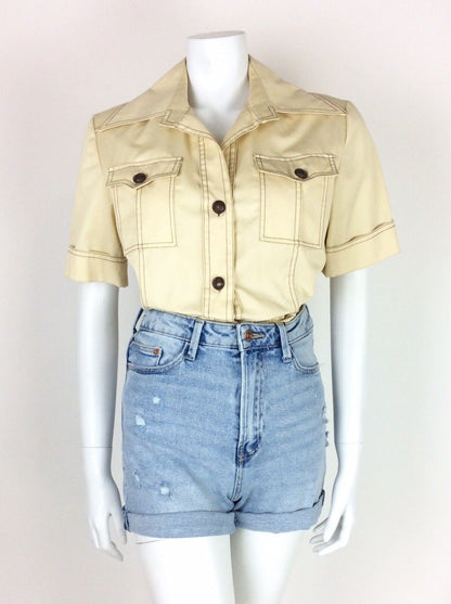 VINTAGE 70s SAFARI SHIRT CREAM KHAKI BEIGE BELTED 14