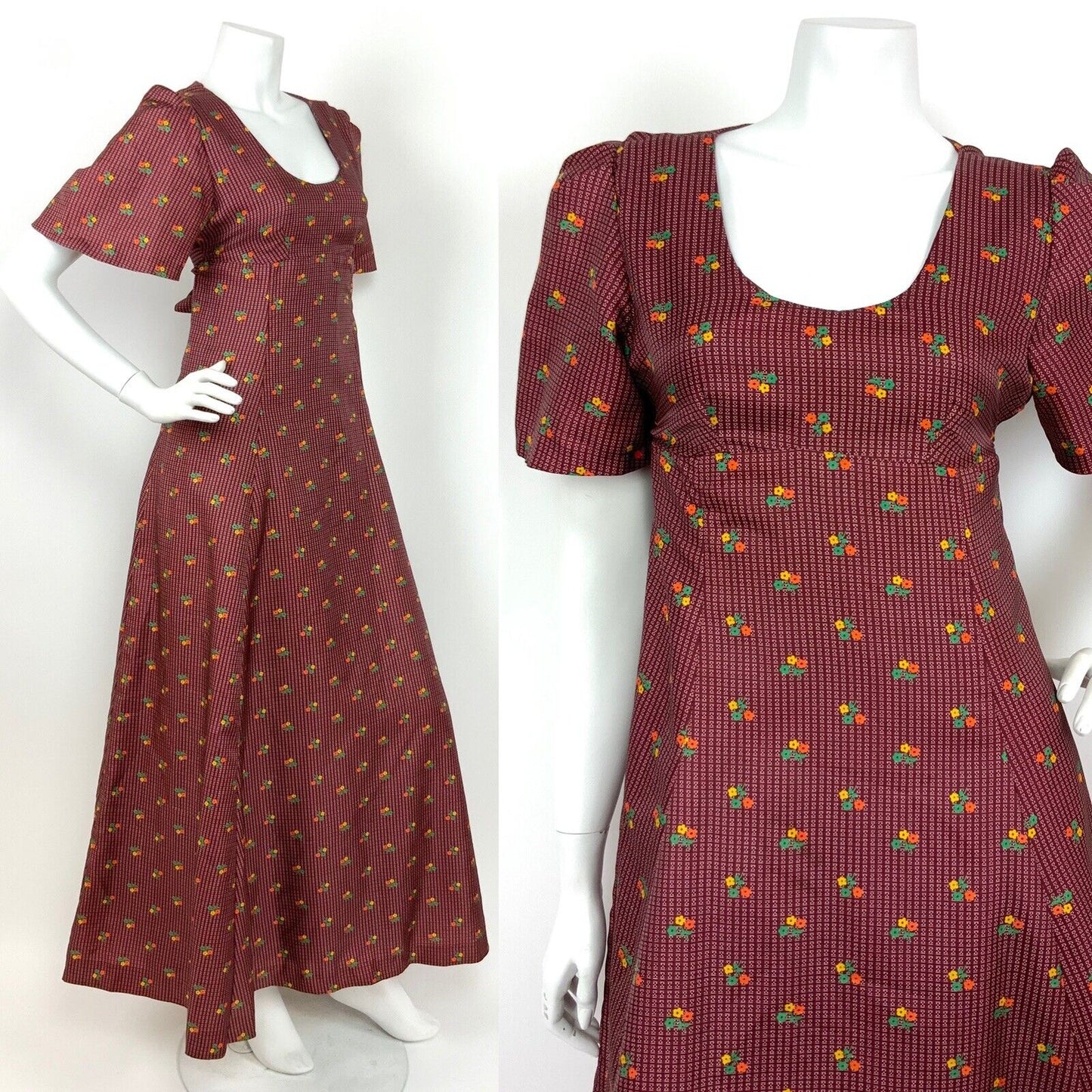VTG 60s 70s BURGUNDY ORANGE GREEN YELLOW FLORAL GEOMETRIC MAXI DRESS 10
