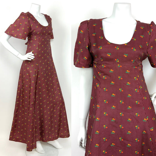 VTG 60s 70s BURGUNDY ORANGE GREEN YELLOW FLORAL GEOMETRIC MAXI DRESS 10