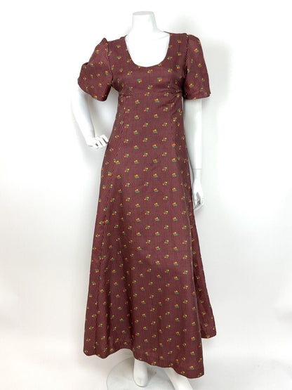 VTG 60s 70s BURGUNDY ORANGE GREEN YELLOW FLORAL GEOMETRIC MAXI DRESS 10