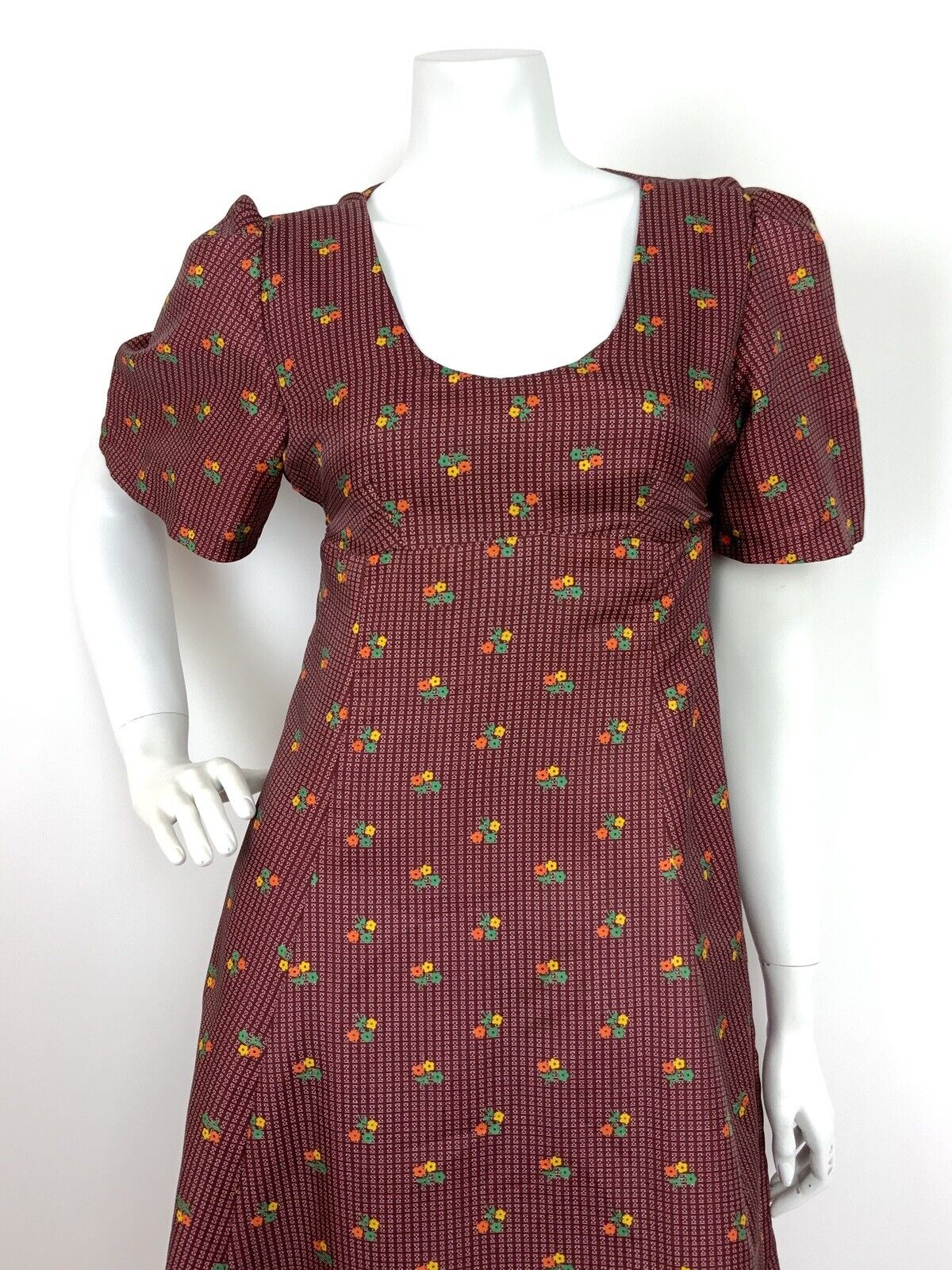 VTG 60s 70s BURGUNDY ORANGE GREEN YELLOW FLORAL GEOMETRIC MAXI DRESS 10