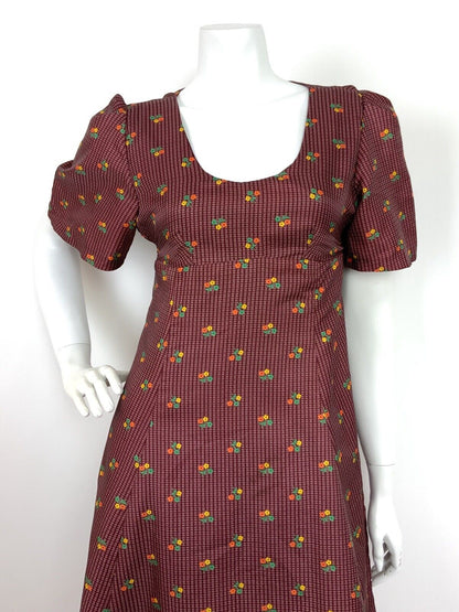 VTG 60s 70s BURGUNDY ORANGE GREEN YELLOW FLORAL GEOMETRIC MAXI DRESS 10