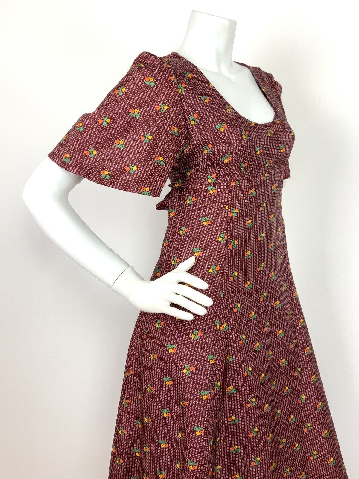 VTG 60s 70s BURGUNDY ORANGE GREEN YELLOW FLORAL GEOMETRIC MAXI DRESS 10