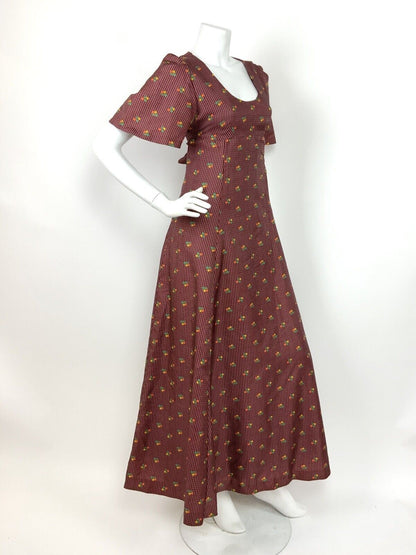 VTG 60s 70s BURGUNDY ORANGE GREEN YELLOW FLORAL GEOMETRIC MAXI DRESS 10