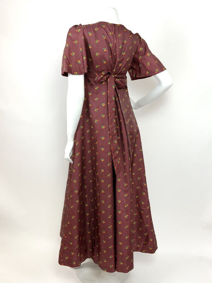 VTG 60s 70s BURGUNDY ORANGE GREEN YELLOW FLORAL GEOMETRIC MAXI DRESS 10