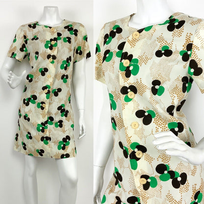 VTG 60s 70s CREAM GREEN BLACK GOLD FLORAL POLKA DOT SWEETHEART A-LINE DRESS 12
