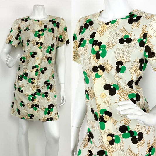 VTG 60s 70s CREAM GREEN BLACK GOLD FLORAL POLKA DOT SWEETHEART A-LINE DRESS 12