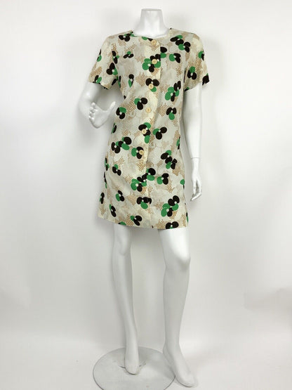 VTG 60s 70s CREAM GREEN BLACK GOLD FLORAL POLKA DOT SWEETHEART A-LINE DRESS 12