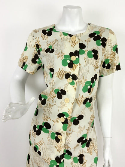 VTG 60s 70s CREAM GREEN BLACK GOLD FLORAL POLKA DOT SWEETHEART A-LINE DRESS 12