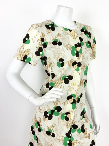 VTG 60s 70s CREAM GREEN BLACK GOLD FLORAL POLKA DOT SWEETHEART A-LINE DRESS 12