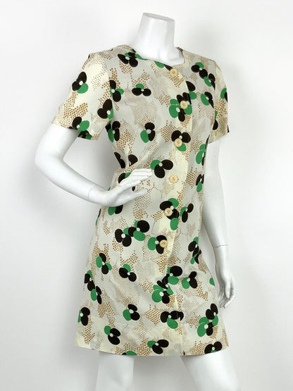 VTG 60s 70s CREAM GREEN BLACK GOLD FLORAL POLKA DOT SWEETHEART A-LINE DRESS 12