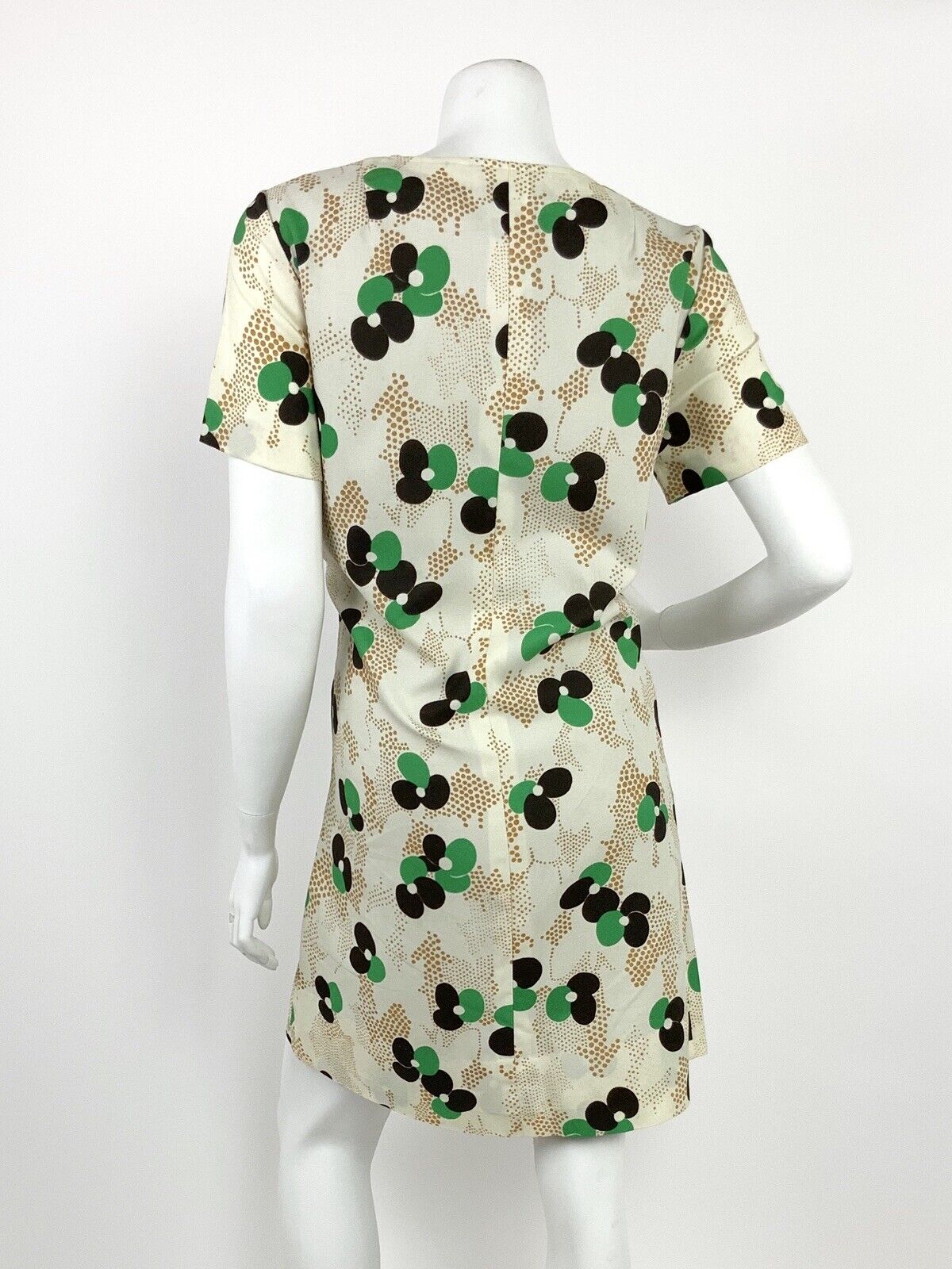 VTG 60s 70s CREAM GREEN BLACK GOLD FLORAL POLKA DOT SWEETHEART A-LINE DRESS 12