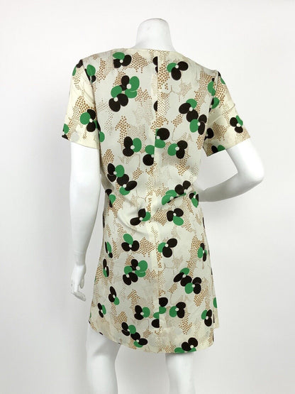 VTG 60s 70s CREAM GREEN BLACK GOLD FLORAL POLKA DOT SWEETHEART A-LINE DRESS 12