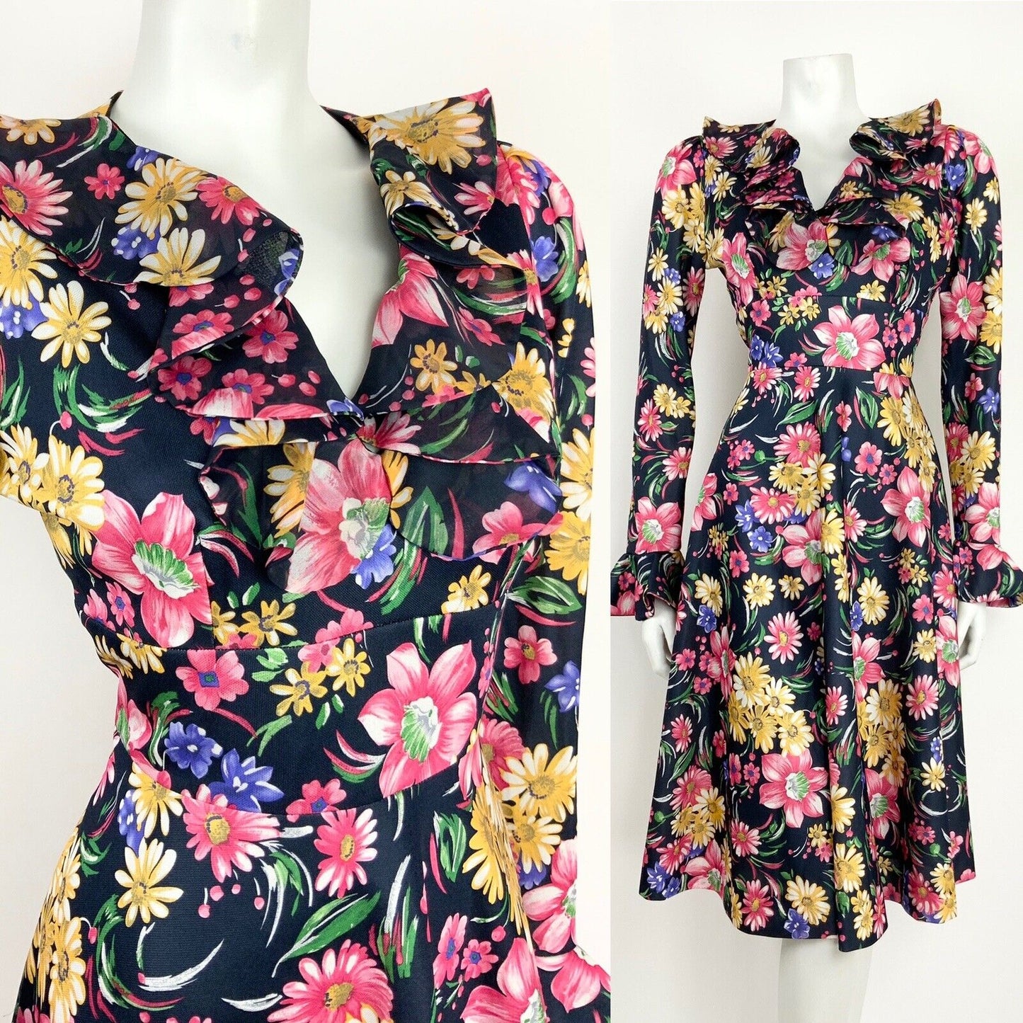VTG 60s 70s BLACK YELLOW PINK BLUE FLORAL PSYCH FLOUNCE SLEEVE RUFFLE DRESS 14