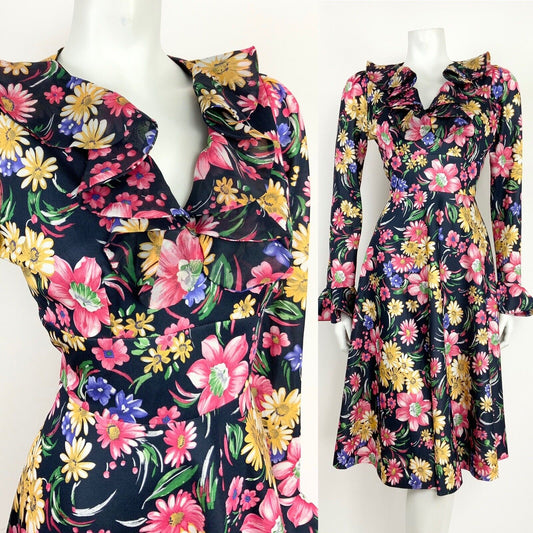 VTG 60s 70s BLACK YELLOW PINK BLUE FLORAL PSYCH FLOUNCE SLEEVE RUFFLE DRESS 14