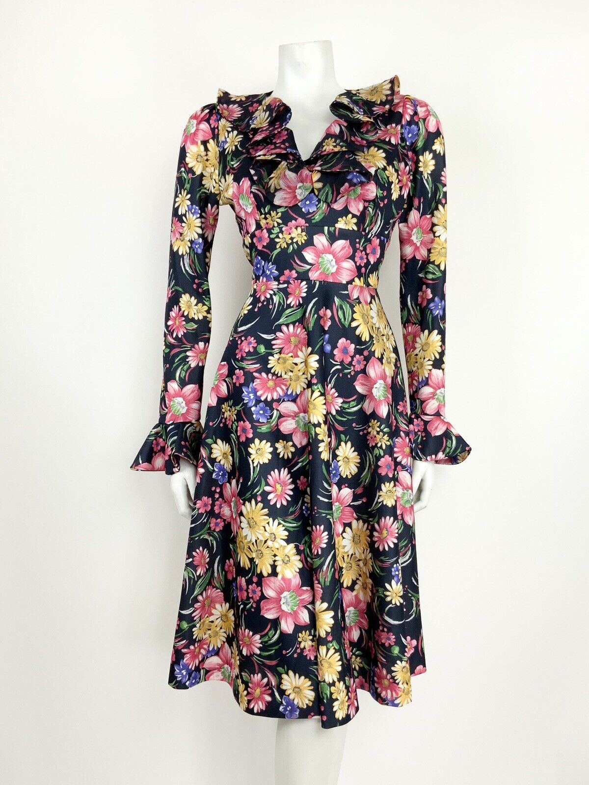 VTG 60s 70s BLACK YELLOW PINK BLUE FLORAL PSYCH FLOUNCE SLEEVE RUFFLE DRESS 14