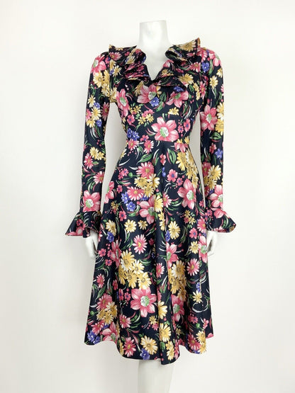 VTG 60s 70s BLACK YELLOW PINK BLUE FLORAL PSYCH FLOUNCE SLEEVE RUFFLE DRESS 14