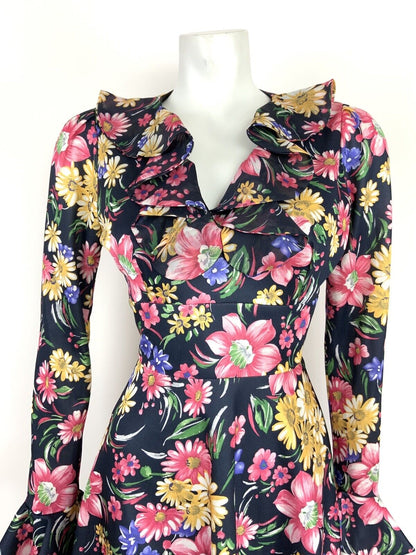 VTG 60s 70s BLACK YELLOW PINK BLUE FLORAL PSYCH FLOUNCE SLEEVE RUFFLE DRESS 14