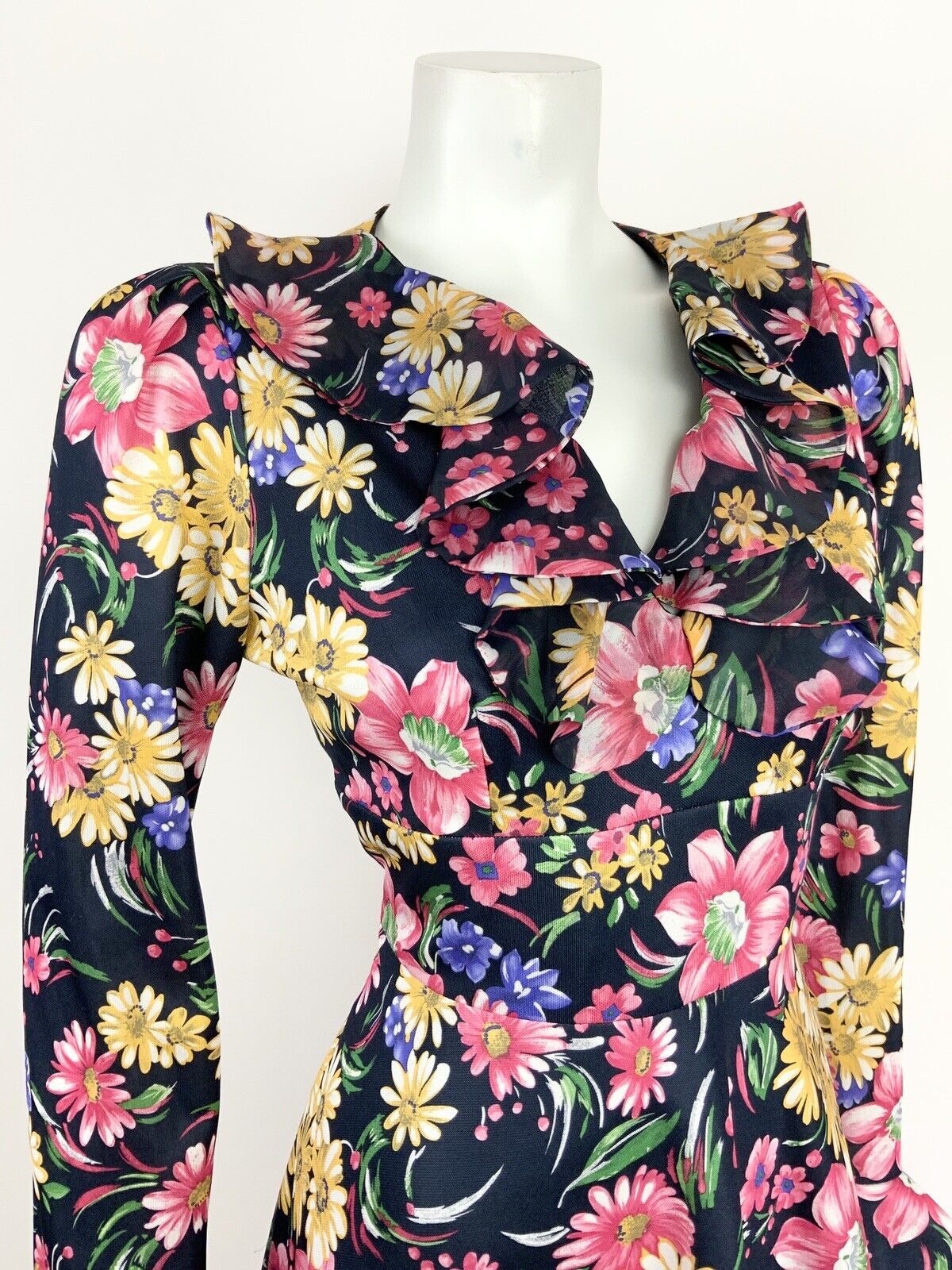 VTG 60s 70s BLACK YELLOW PINK BLUE FLORAL PSYCH FLOUNCE SLEEVE RUFFLE DRESS 14