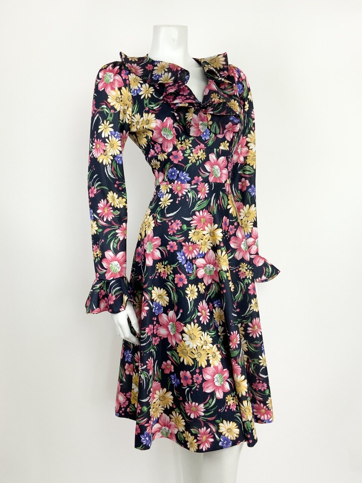 VTG 60s 70s BLACK YELLOW PINK BLUE FLORAL PSYCH FLOUNCE SLEEVE RUFFLE DRESS 14