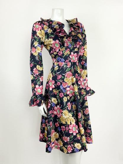 VTG 60s 70s BLACK YELLOW PINK BLUE FLORAL PSYCH FLOUNCE SLEEVE RUFFLE DRESS 14