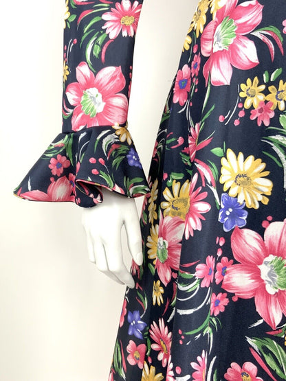 VTG 60s 70s BLACK YELLOW PINK BLUE FLORAL PSYCH FLOUNCE SLEEVE RUFFLE DRESS 14
