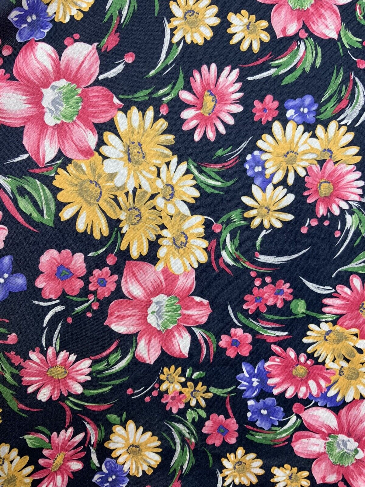 VTG 60s 70s BLACK YELLOW PINK BLUE FLORAL PSYCH FLOUNCE SLEEVE RUFFLE DRESS 14