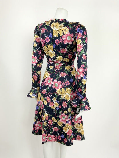 VTG 60s 70s BLACK YELLOW PINK BLUE FLORAL PSYCH FLOUNCE SLEEVE RUFFLE DRESS 14