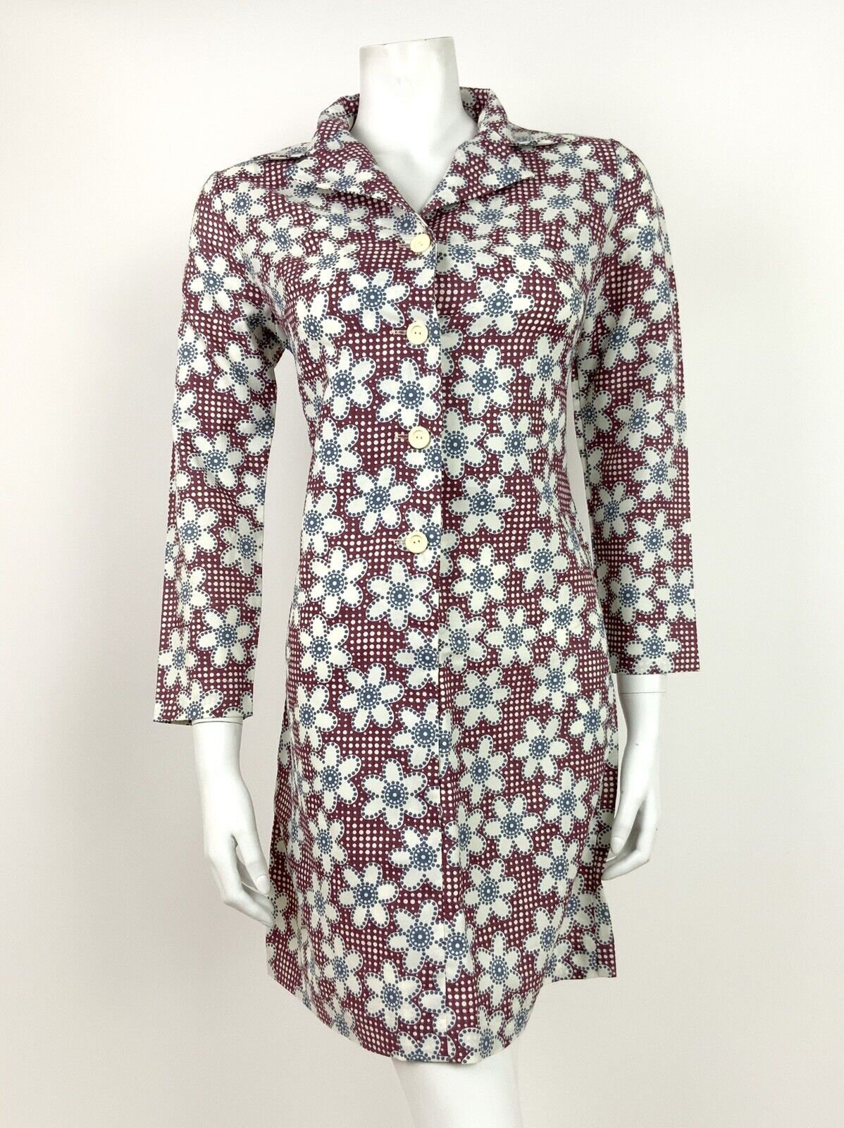 VINTAGE 60s 70s RED BLUE WHITE POLKA DOT FLORAL DAISY MOD SHIRT DRESS 8 10