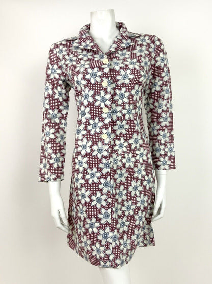 VINTAGE 60s 70s RED BLUE WHITE POLKA DOT FLORAL DAISY MOD SHIRT DRESS 8 10