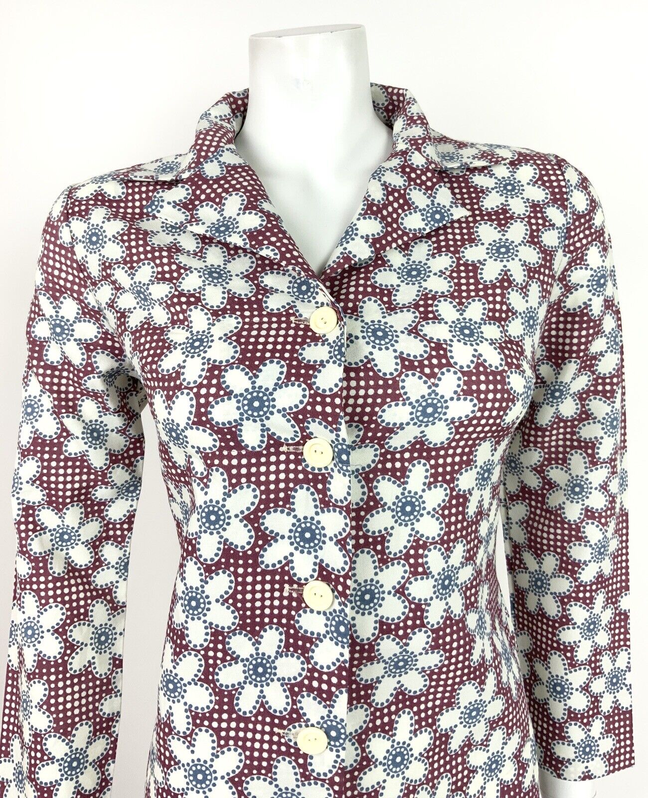 VINTAGE 60s 70s RED BLUE WHITE POLKA DOT FLORAL DAISY MOD SHIRT DRESS 8 10