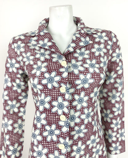 VINTAGE 60s 70s RED BLUE WHITE POLKA DOT FLORAL DAISY MOD SHIRT DRESS 8 10
