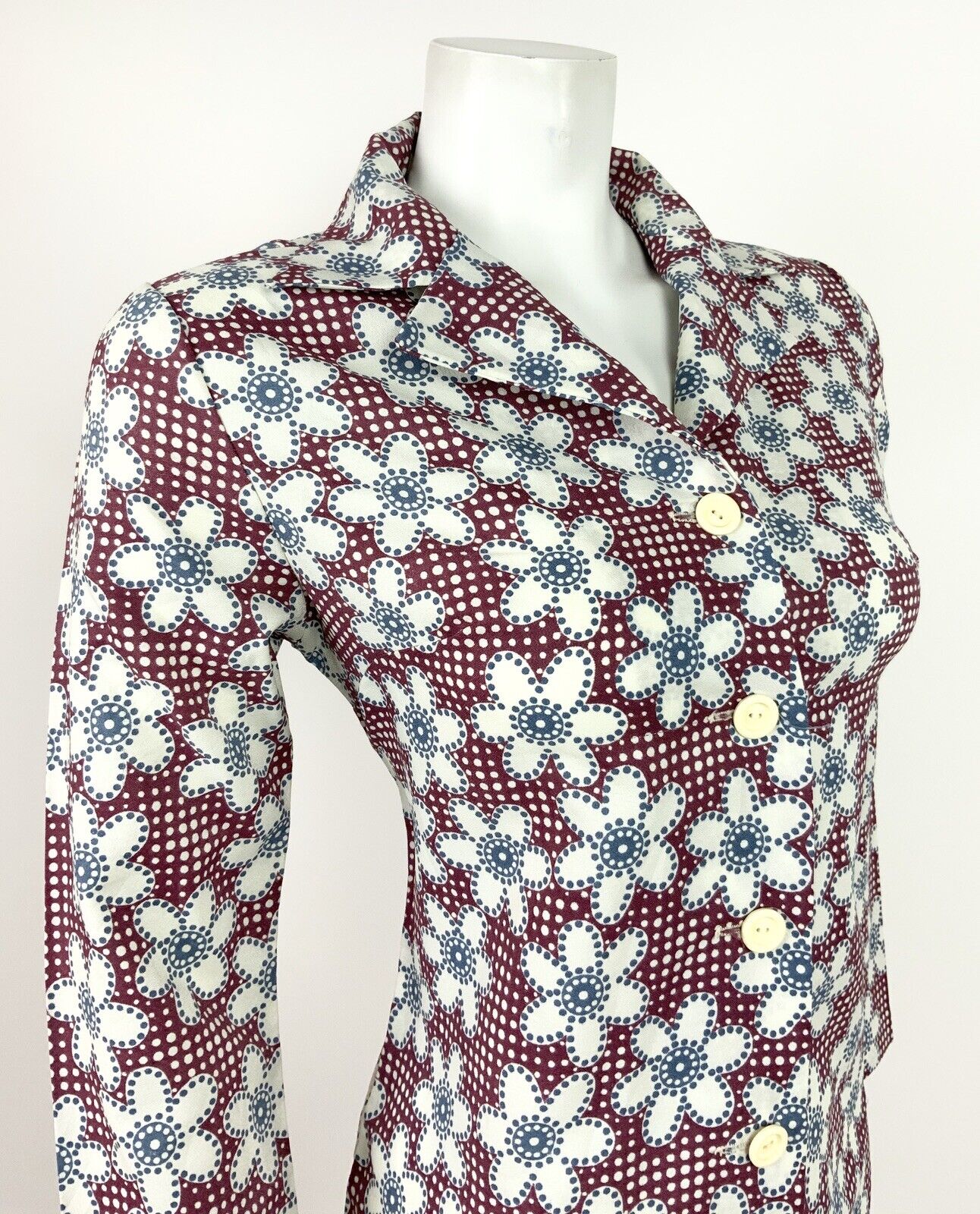 VINTAGE 60s 70s RED BLUE WHITE POLKA DOT FLORAL DAISY MOD SHIRT DRESS 8 10