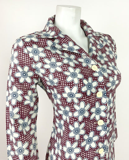 VINTAGE 60s 70s RED BLUE WHITE POLKA DOT FLORAL DAISY MOD SHIRT DRESS 8 10