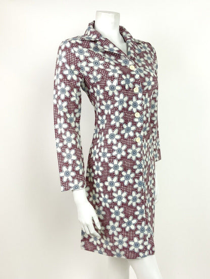 VINTAGE 60s 70s RED BLUE WHITE POLKA DOT FLORAL DAISY MOD SHIRT DRESS 8 10