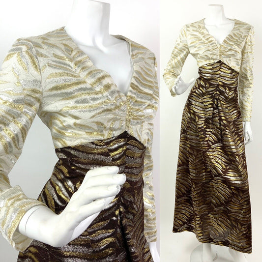 VTG 60s 70s CREAM BROWN METALLIC GOLD SILVER FERN STUDIO 54 DISCO MAXI DRESS 10