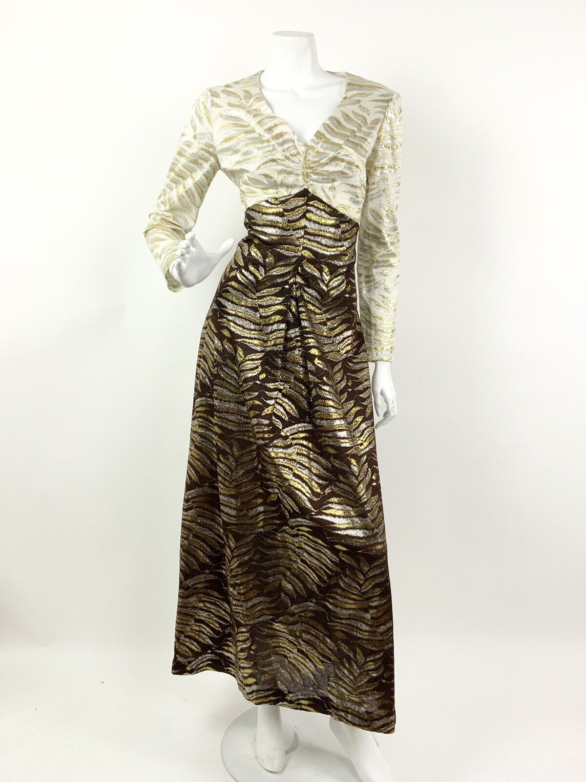 VTG 60s 70s CREAM BROWN METALLIC GOLD SILVER FERN STUDIO 54 DISCO MAXI DRESS 10