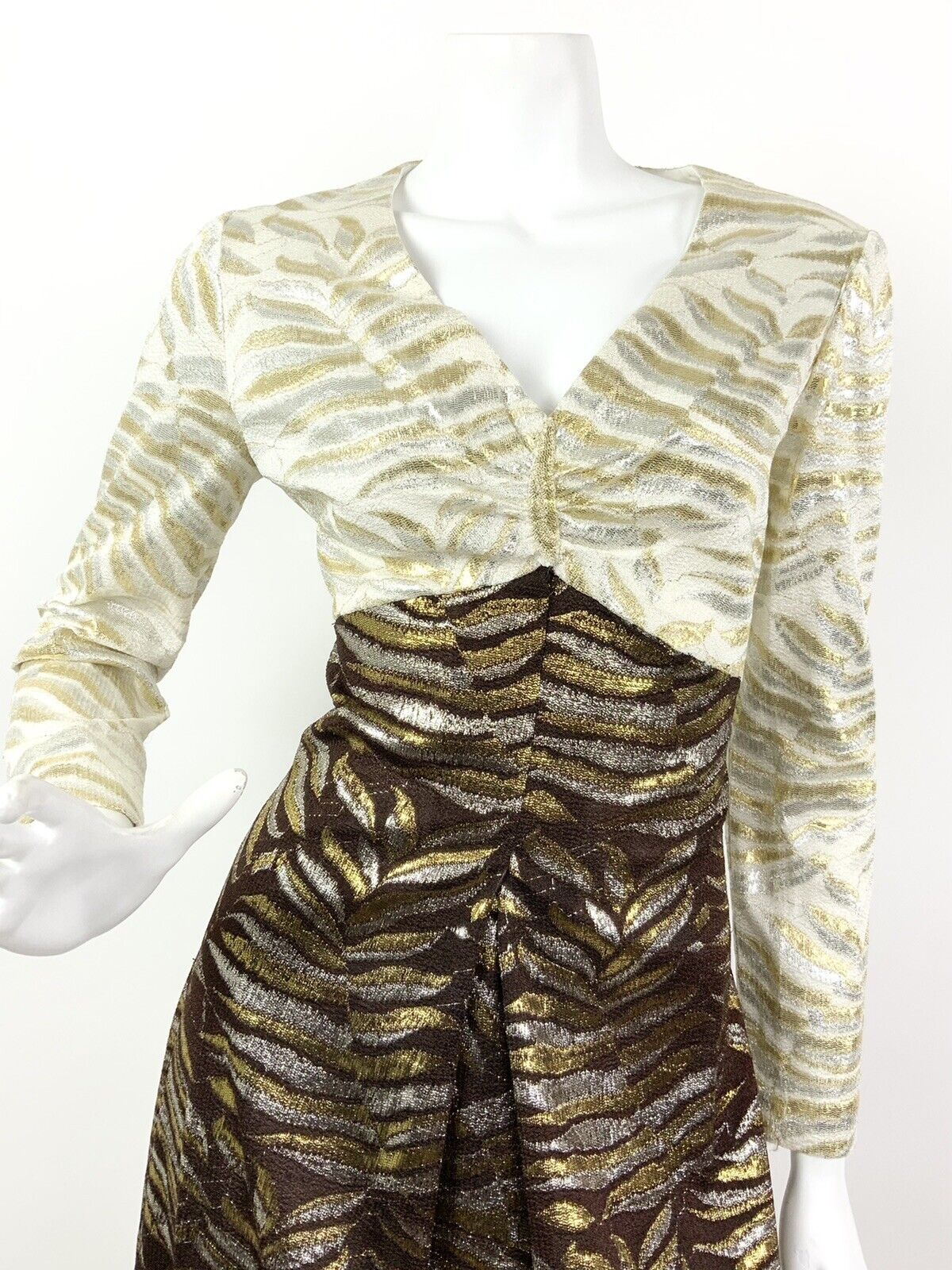 VTG 60s 70s CREAM BROWN METALLIC GOLD SILVER FERN STUDIO 54 DISCO MAXI DRESS 10