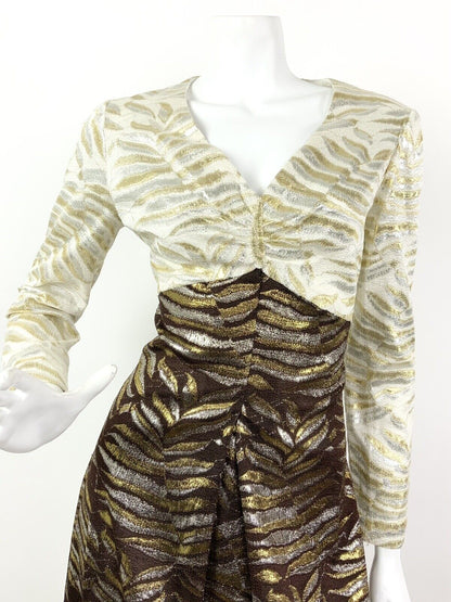 VTG 60s 70s CREAM BROWN METALLIC GOLD SILVER FERN STUDIO 54 DISCO MAXI DRESS 10