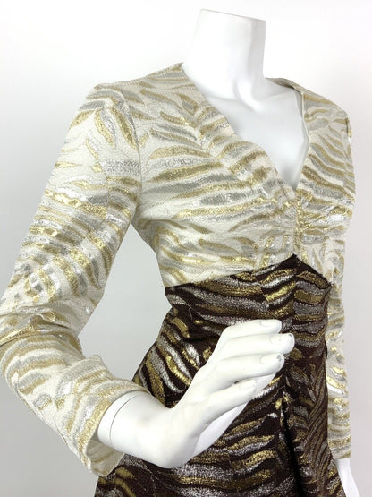 VTG 60s 70s CREAM BROWN METALLIC GOLD SILVER FERN STUDIO 54 DISCO MAXI DRESS 10